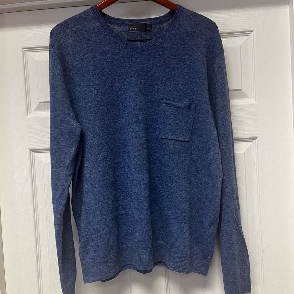 Vince Mens Blue Marled Knit V Neck Pocket Sweater sz XL EUC